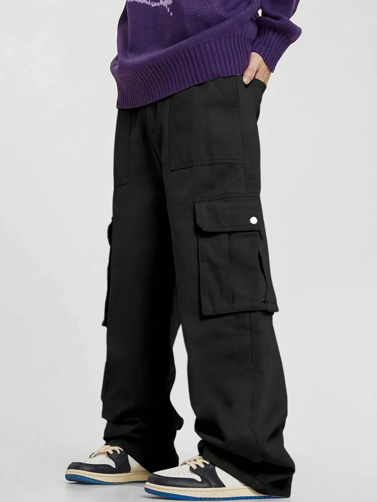Pocket Men's Straight Leg Cargo Pants, Loose Casual Outdoor Pants, Mens Work Pants For Hiking - Image 3