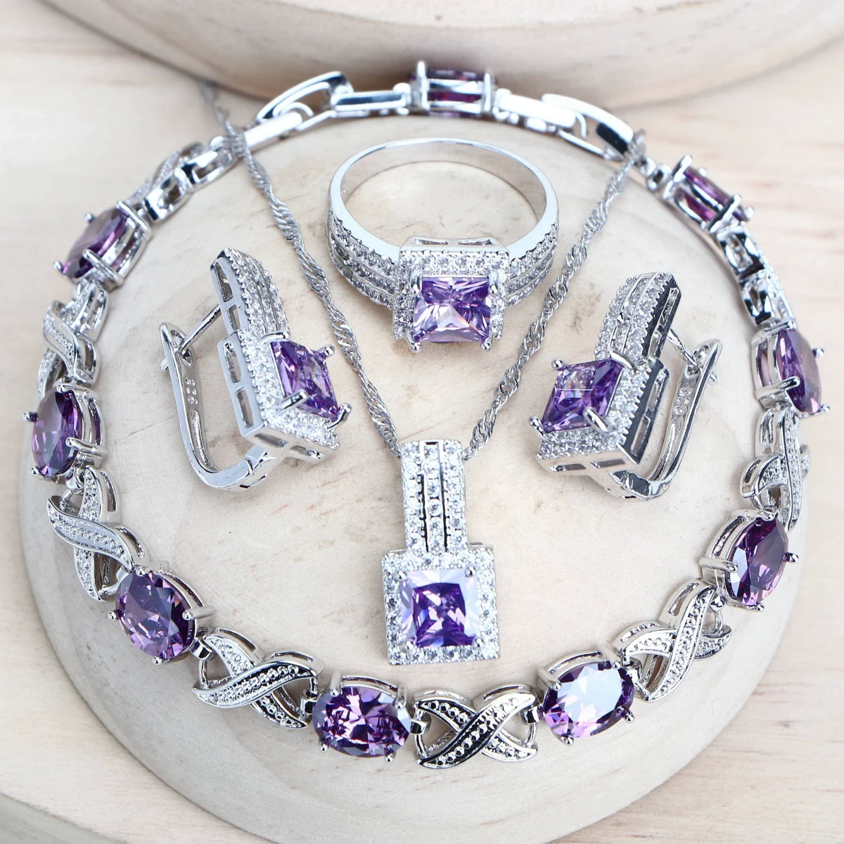 Purple Zirconia Women Bridal Jewelry Sets Silver 925 Fine Costume Jewellery Wedding Earrings Rings Bracelets Pendant Necklace - Image 1