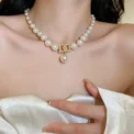 Women Elegant Pearl Clavicle Chain Collares Ladies Short Pendant Necklaces Earrings Choker Jewelry set - Image 5