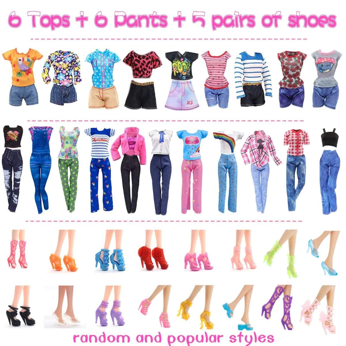 50 Pcs Doll Clothes Outfit for 11.5 Inch Doll, Doll Accessories Collection with 3 Princess Dresses+10 Dressest+6 Tops+6 Pants+5 - Image 4