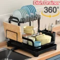 2 Tier Dish Drying Rack with Drip Tray Kitchen Sink Organizer 360-Degree Retractable Drain Chopstick Holder Cutting Board Holder - Image 2