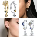 Authentic 925 Sterling Silver Two-tone Sparkling Solar Earrings For Women Birthday Party Jewelry Gift BTE167