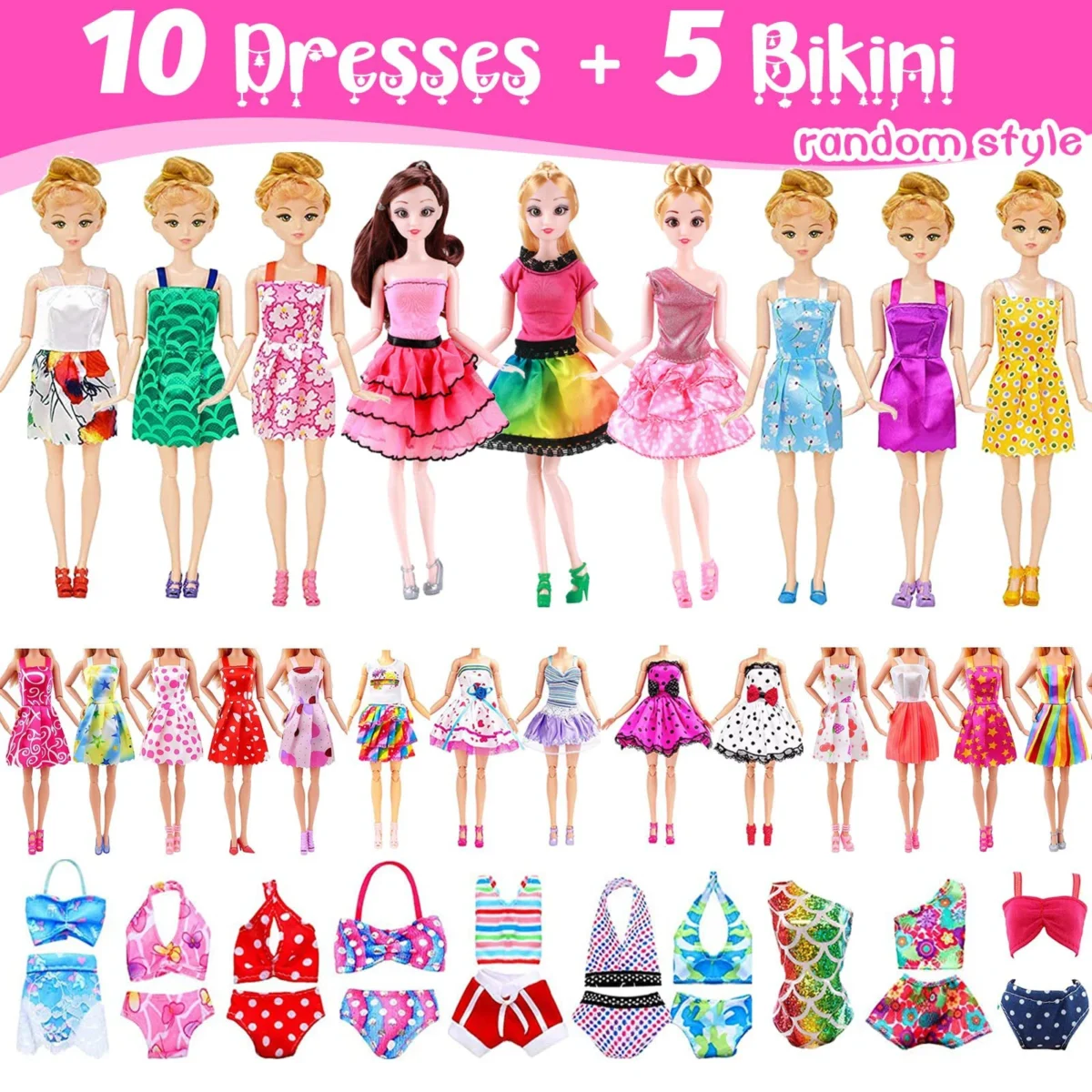 50 Pcs Doll Clothes Outfit for 11.5 Inch Doll, Doll Accessories Collection with 3 Princess Dresses+10 Dressest+6 Tops+6 Pants+5 - Image 3