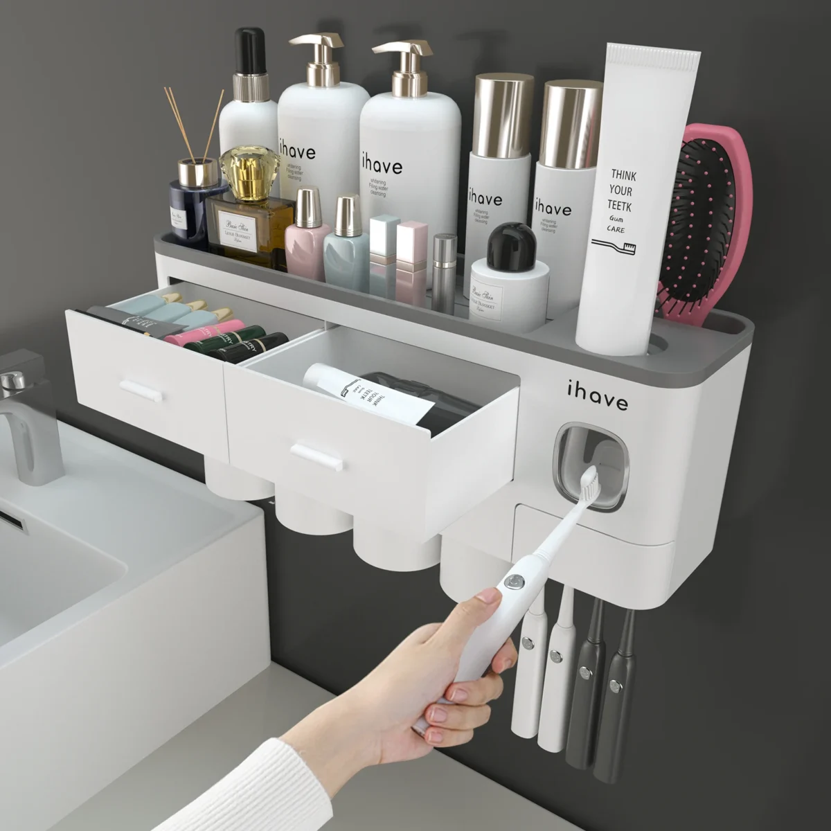 Toothbrush Holders for Bathrooms, 4 Cups Toothbrush Holder Wall Mounted with Toothpaste Dispenser - Large Tray 2 Cosmetic Drawer - Image 1