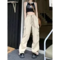 Women Casual Cargo Pant Solid Low Waist Drawstring Big Pockets Wide Leg Baggy Trousers Female Y2K Streetwear Oversize Sweatpants - Image 3