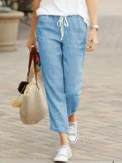 Women Elegant Simple Pants Fashion Drawstring Design Solid Color Cropped Pants Loose Causal Elastic Waist Office Lady Trousers - Image 5