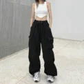 Women Casual Cargo Pant Solid Low Waist Drawstring Big Pockets Wide Leg Baggy Trousers Female Y2K Streetwear Oversize Sweatpants - Image 2