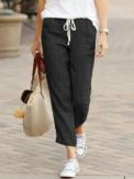 Women Elegant Simple Pants Fashion Drawstring Design Solid Color Cropped Pants Loose Causal Elastic Waist Office Lady Trousers - Image 3