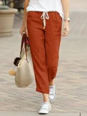 Women Elegant Simple Pants Fashion Drawstring Design Solid Color Cropped Pants Loose Causal Elastic Waist Office Lady Trousers - Image 2