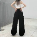 Women Casual Cargo Pant Solid Low Waist Drawstring Big Pockets Wide Leg Baggy Trousers Female Y2K Streetwear Oversize Sweatpants - Image 5