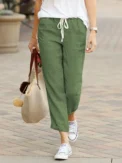 Women Elegant Simple Pants Fashion Drawstring Design Solid Color Cropped Pants Loose Causal Elastic Waist Office Lady Trousers - Image 4