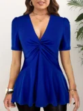 Plus Size Women V-Neck Twisted Short Sleeve T shirt Sexy Office Lady Casual Slim Summer Fashion Tee Tops Woman's Clothing