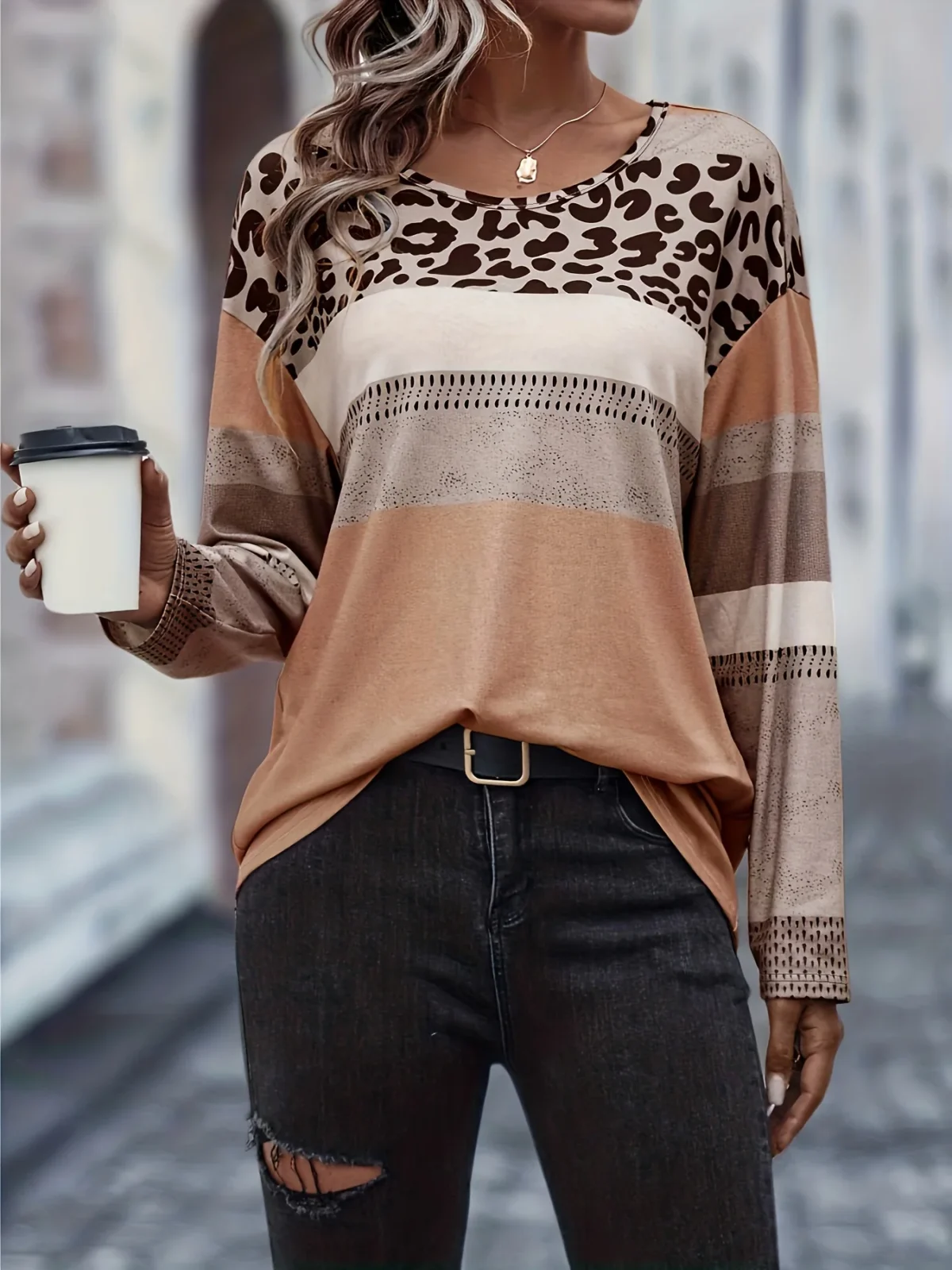 Plus Size Casual T-shirt Women's Plus Colorblock Leopard Print Long Sleeve Round Neck Slight Stretch T-shirt - Image 3