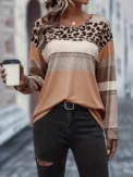 Plus Size Casual T-shirt Women's Plus Colorblock Leopard Print Long Sleeve Round Neck Slight Stretch T-shirt - Image 3