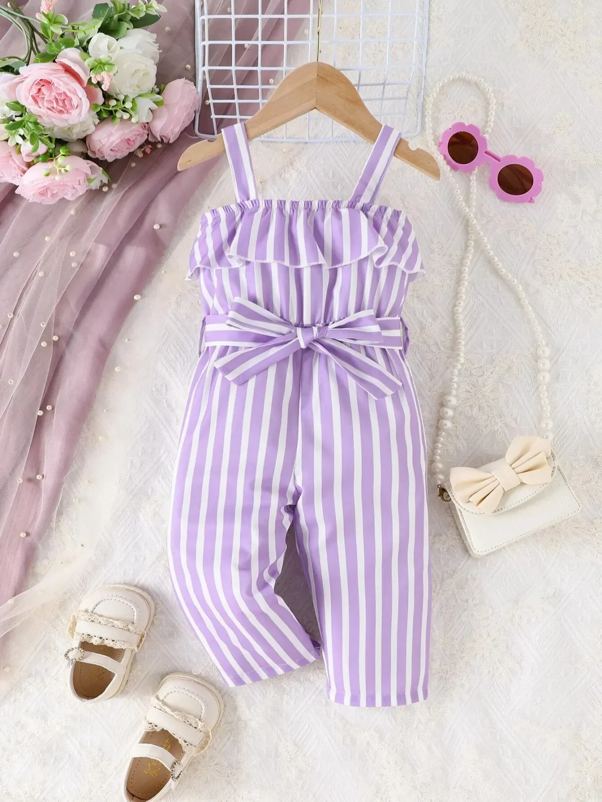 Summer Baby Girl New Foreign Style Sweet And Cute Belt Belt Purple Stripes Comfortable Breathable Holiday Seaside Style - Image 1