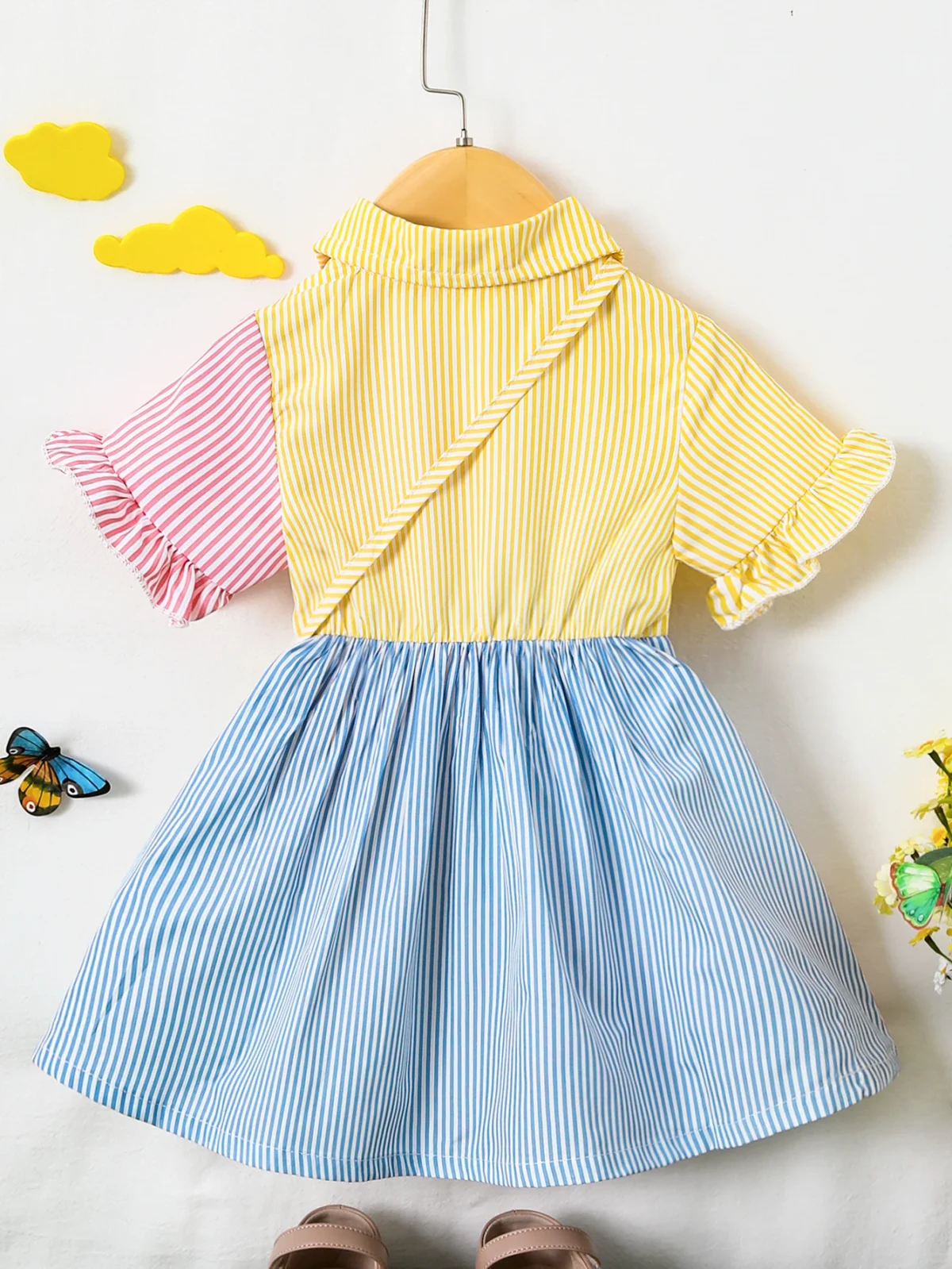 Girls Dress With Lapel Flared Sleeves Button Closure Waist Puffy Skirt Butterfly Bag Loose Travel New Style - Image 3