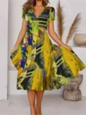 Plus Size 2025 Summer New Women's V-neck Short Sleeve Printed Pattern Casual Loose Short Sleeve Pullover Dresses