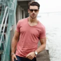 100% Cotton Men T-shirt V-neck Fashion Design Slim Fit Soild T-shirts Male Tops Tees Short Sleeve T Shirt For Men - Image 4