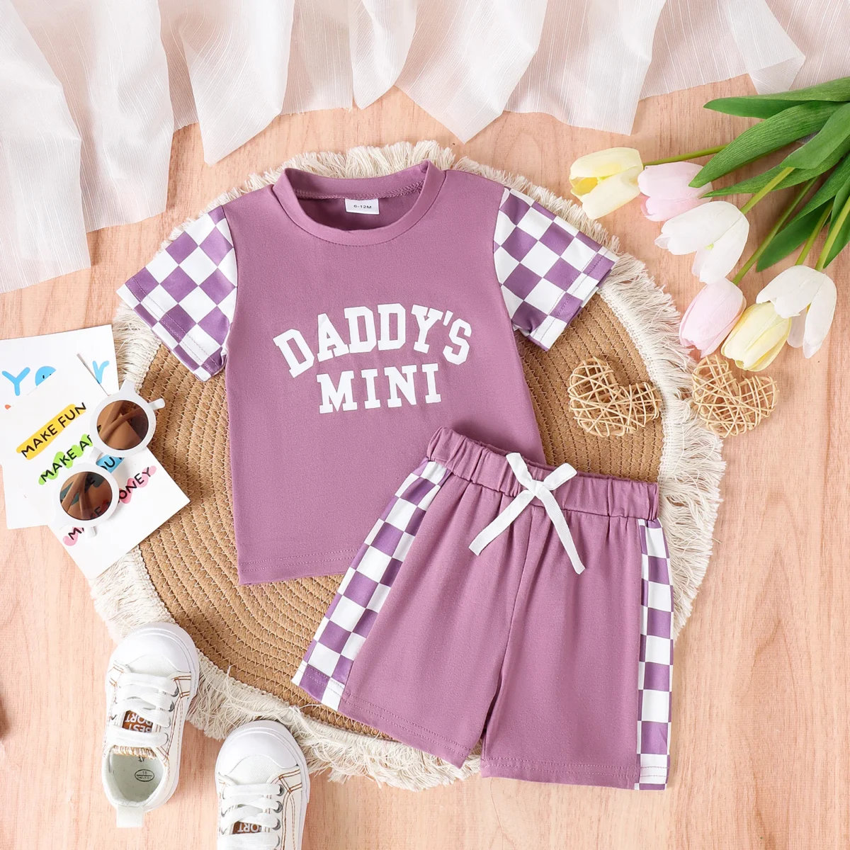 2PCS Summer 0-4 Years Old Cute Fashion Trend Baby Girls Universal Comfortable Soft Daddys Mini Letter Multicolor Plaid Set - - Image 2