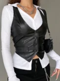 Women PU Leather Button Down Crop Blazer Vest Halter Dressy Punk Corset Top V-Neck Sleeveless Y2K Waistcoat Jacket Coat - Image 4