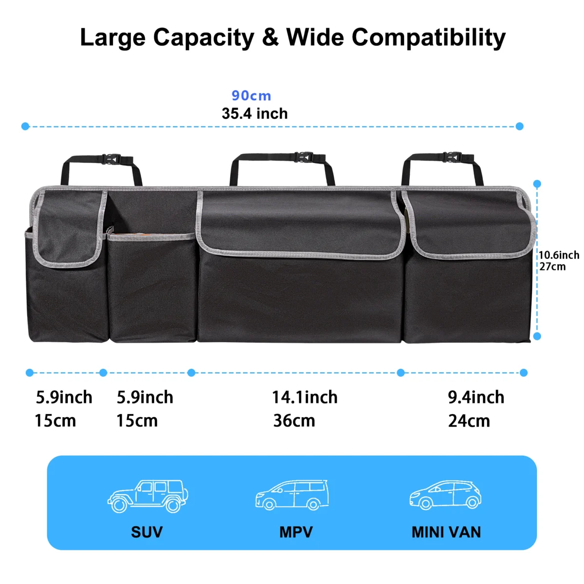 Car Trunk Organizer for SUV Backseat Hanging Organizer for SUV Truck MPV Upgrade Back Seat Storage Bags with 4 Pockets 39*14inch - Image 2