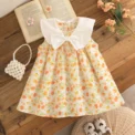 Newborn Girl Dress Yellow Flower Printed Dresscute Bow Doll Collar Dress For Girl Summer Travel Costume - Image 3