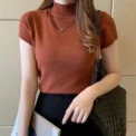 Women's Short Sleeve Polo Neck Knitwear Slim Fit Base Shirt Inner Wear Tank Top Spring Autumn New Style Half High Collar - Image 2