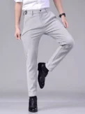 Men's casual pants, semi elastic waistband, nylon ice silk elastic straight tube, light gray, business gentleman, summer casual - Image 5