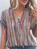 Plus Size Striped Button Detail Blouse, Casual Notched Neck Short Sleeve Blouse For Spring & Summer, Women's Plus Size Clothing - Image 4