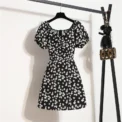 Women Mini Dresses Summer Fashion Female Vestidos Print Floral Chiffon Dresses Shirring Pleated Short Puffy Sleeve Casual Dress - Image 2
