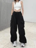 Women Casual Joggers Tech Pants Solid Low Waist Pants Drawstring Wide Leg Baggy Trousers Y2k Streetwear Oversize Sweatpants - Image 5