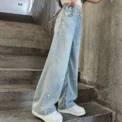 Summer Girls Middle School Fashion Loose Solid Color Small Love Jeans Casual Pants Wide Leg Pants 4-10 Years Old -