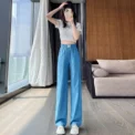 Thin Denim Trousers Letter Elastic Waist Pockets Casual Straight Wide Leg Long Pants Woman Clothing Summer High Street Blue New - Image 6