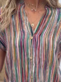 Plus Size Striped Button Detail Blouse, Casual Notched Neck Short Sleeve Blouse For Spring & Summer, Women's Plus Size Clothing - Image 5