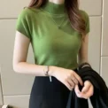 Women's Short Sleeve Polo Neck Knitwear Slim Fit Base Shirt Inner Wear Tank Top Spring Autumn New Style Half High Collar