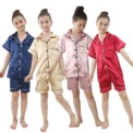 Summer Short Sleeve Kids Pajamas Sets Satin Silk Button Down Loungewear Girls Sleepwear Boys Clothing Sets Children Pyjamas Pjs
