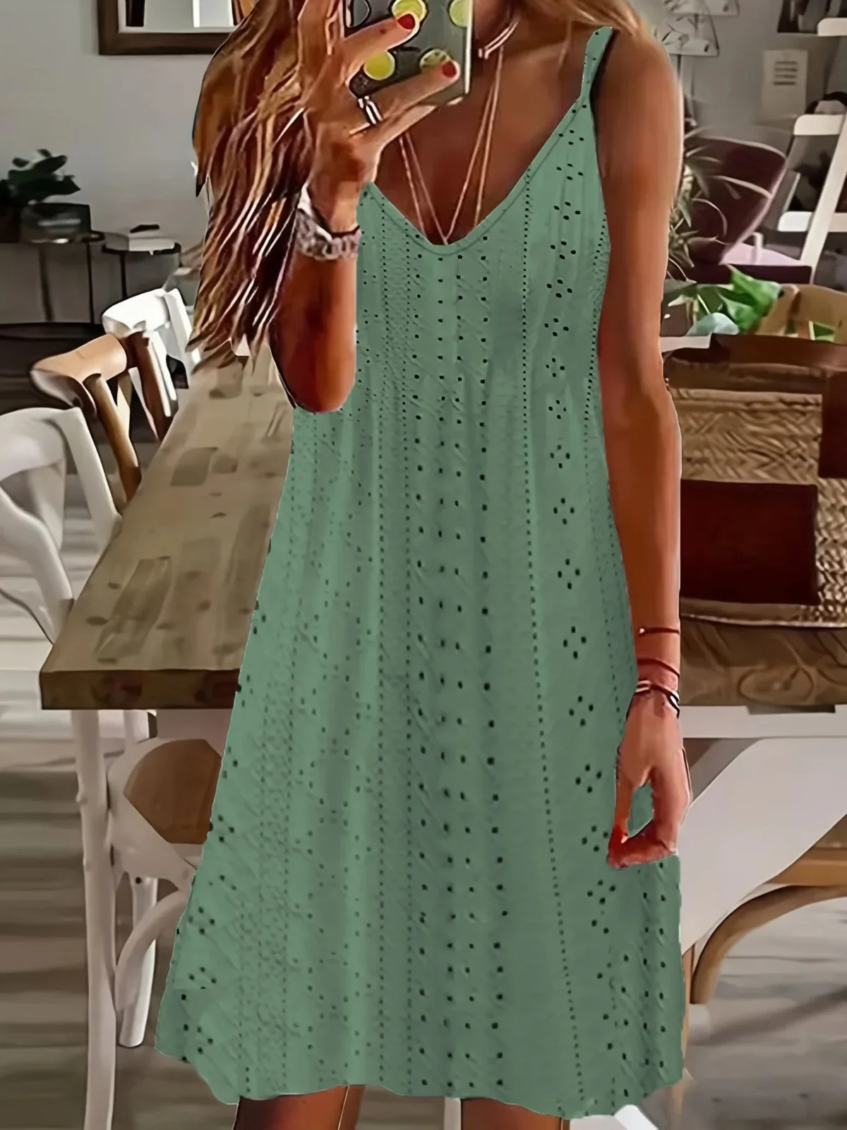 2025 Europe and the United States Plus Size Women's Summer New Cutout Jacquard V-Neck Strap Solid Color Dress - Image 6