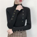 Women Autumn Knitted Slim Sweaters Solid Knitted Female Cotton Soft Elastic Color Pullovers Button Full Sleeve Turtleneck - Image 3