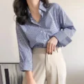 Classic Striped Woman Spring Autumn Blouses Shirt Lady Long Lantern Sleeve Stand Collar Loose Blusas Tops - Image 4