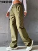 High Street Vintage Pants Fashion Solid High Elastic Waist Pocket Straight Cargo Pant Casual Office Lady Streetwear Y2K Trousers - Image 3