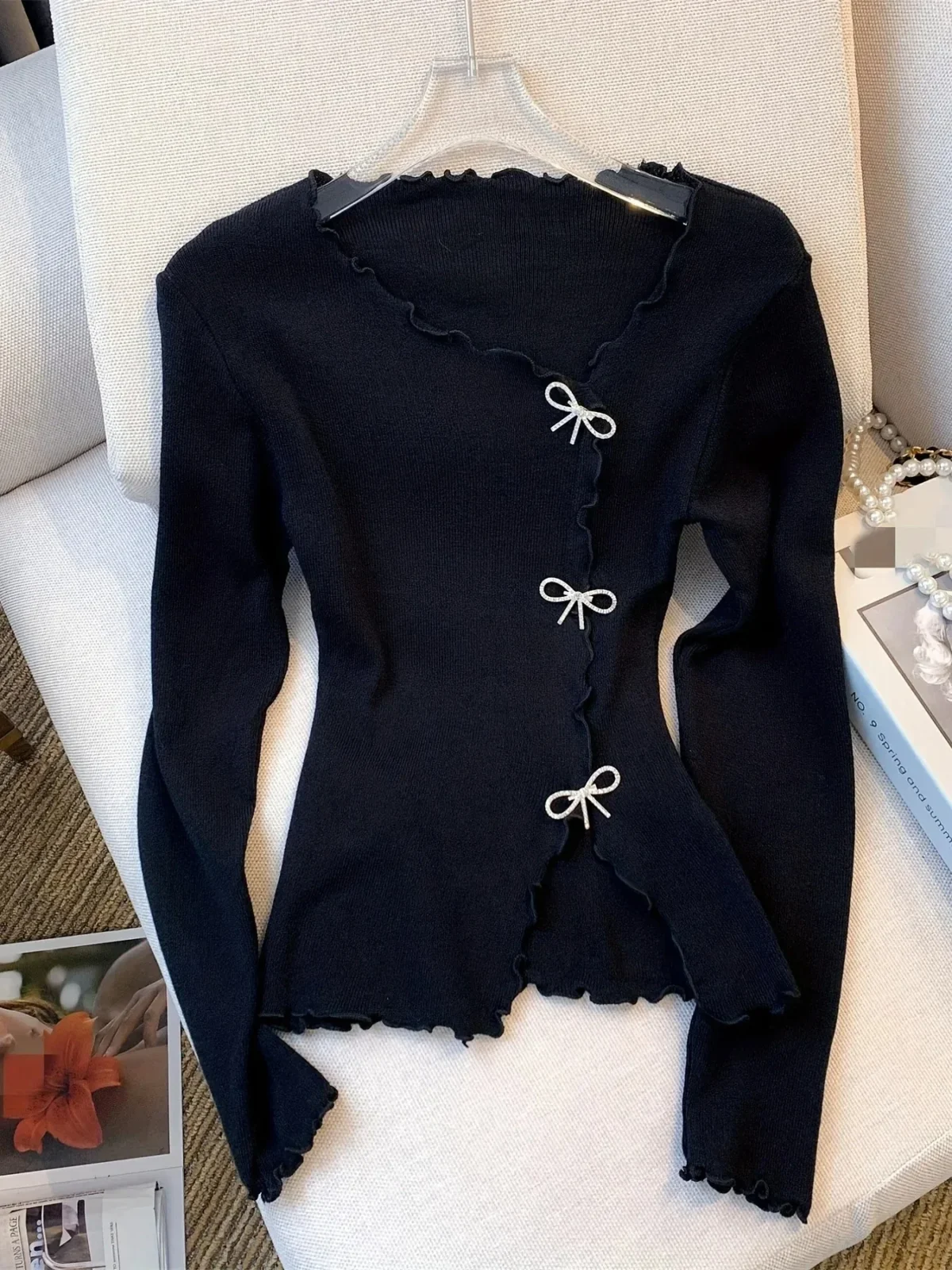 Black/White Solid Lettuce Trim Bowknot Pullover Sweater Y2K Casual Long Sleeve Sweater For Spring & Fall Women's Clothing - Image 1