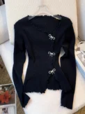 Black/White Solid Lettuce Trim Bowknot Pullover Sweater Y2K Casual Long Sleeve Sweater For Spring & Fall Women's Clothing