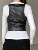 Women PU Leather Button Down Crop Blazer Vest Halter Dressy Punk Corset Top V-Neck Sleeveless Y2K Waistcoat Jacket Coat - Image 5
