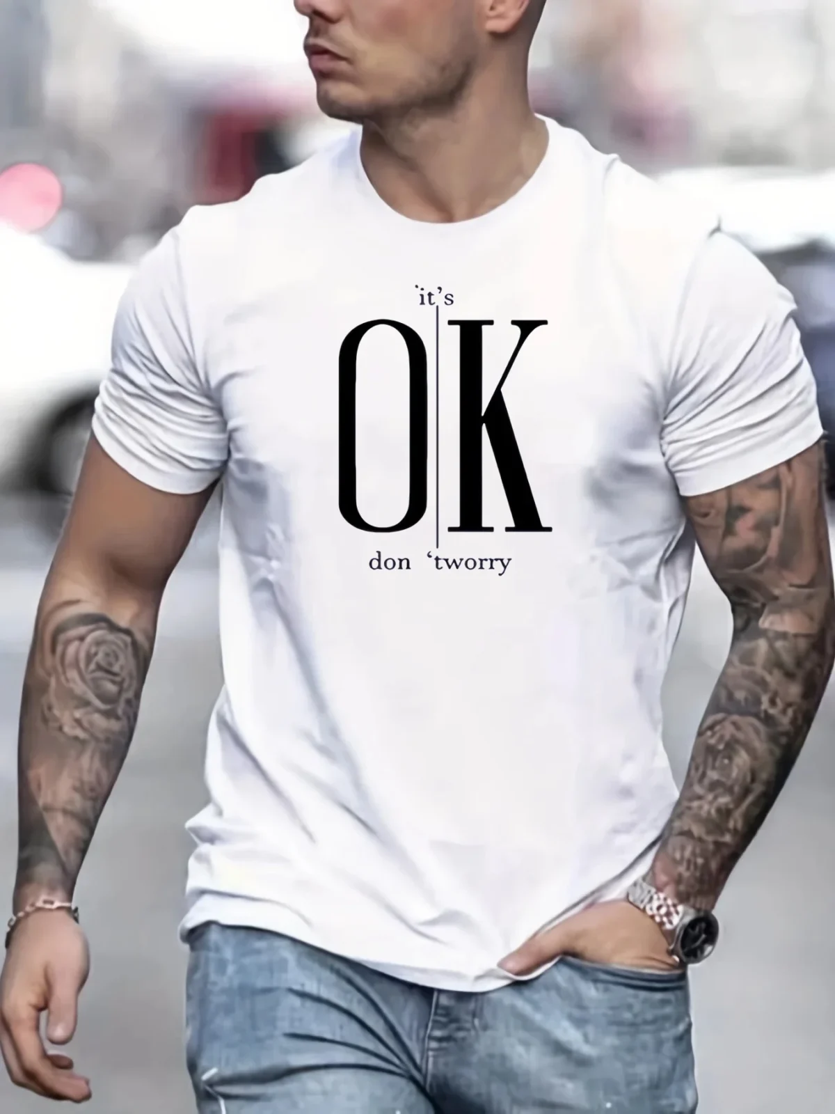 Men's 100% Pure Cotton Short Sleeved T-shirt, Round Neck Top, Letter Pattern Print, Comfortable, Casual, Summer, Loose Size- Color : white - Size : XL - Image 1