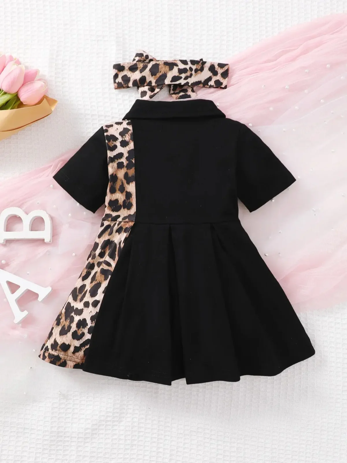 0-3 Year Old Newborn Baby Girls Summer Short Sleeved Lapel Black Leopard Print Cute Fashion Pleated Dress - - Image 2