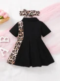 0-3 Year Old Newborn Baby Girls Summer Short Sleeved Lapel Black Leopard Print Cute Fashion Pleated Dress - - Image 2