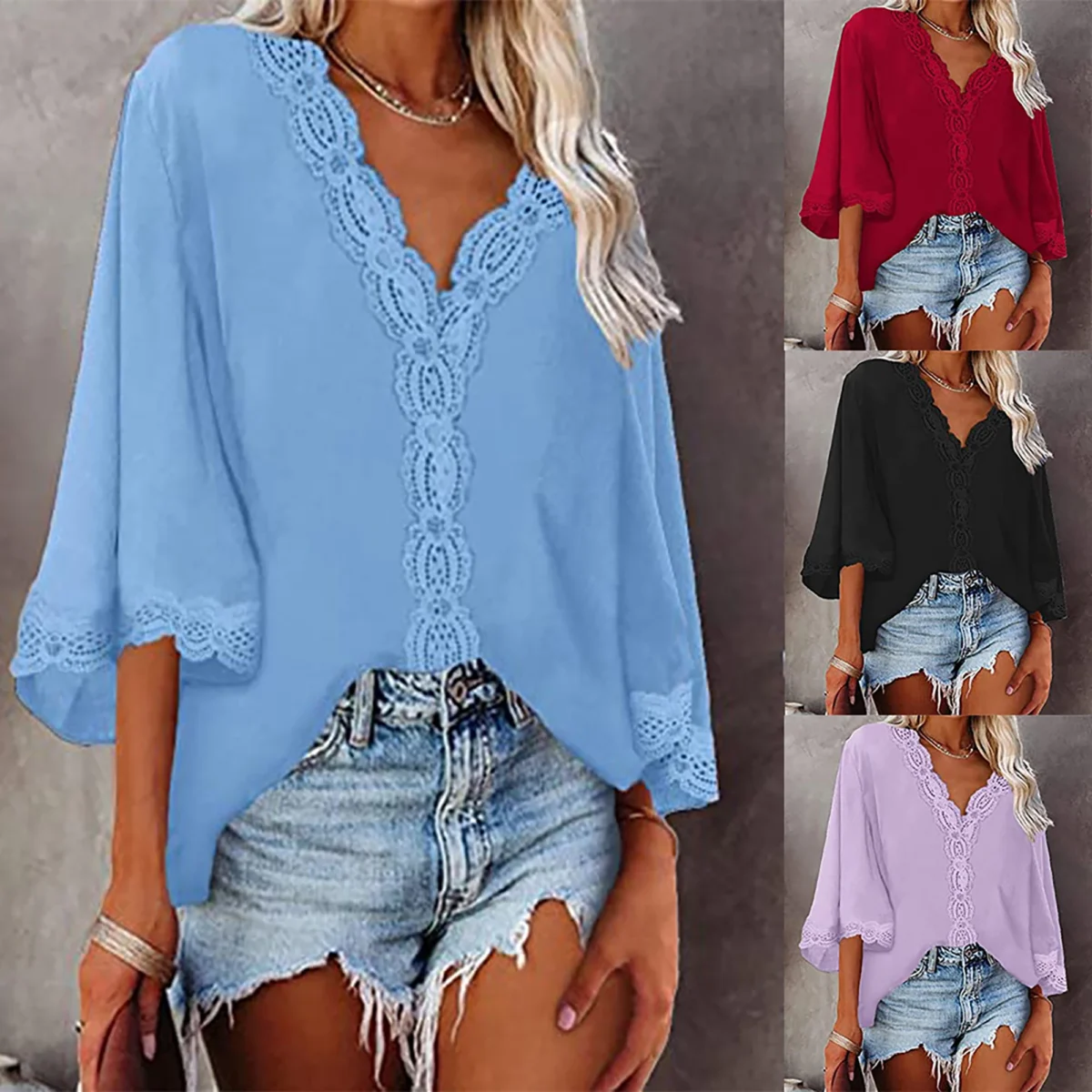 Europe and the United States spring and summer new women's shirt flared sleeve V-neck lace lace loose shirt woman - Image 1