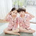 Summer Short Sleeve Kids Pajamas Sets Satin Silk Button Down Loungewear Girls Sleepwear Boys Clothing Sets Children Pyjamas Pjs - Image 3