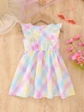 Summer Flying Sleeveless Pink Blue Plaid Full Print Dress Version Slim And Simple For Baby Girls Outdoor Travel Holiday Dress - Image 2