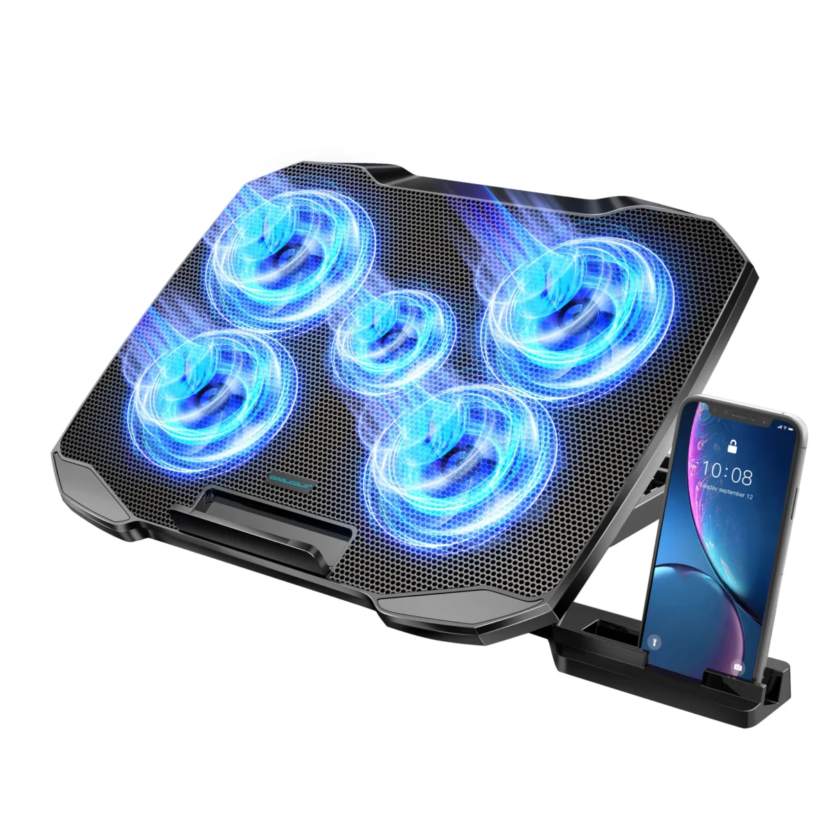COOLCOOLD Laptop Cooling pad for 12-17 Inch Laptop Cooler Stand, 5 quiet fans, 5 Angle Adjustable with phone holder - Image 1